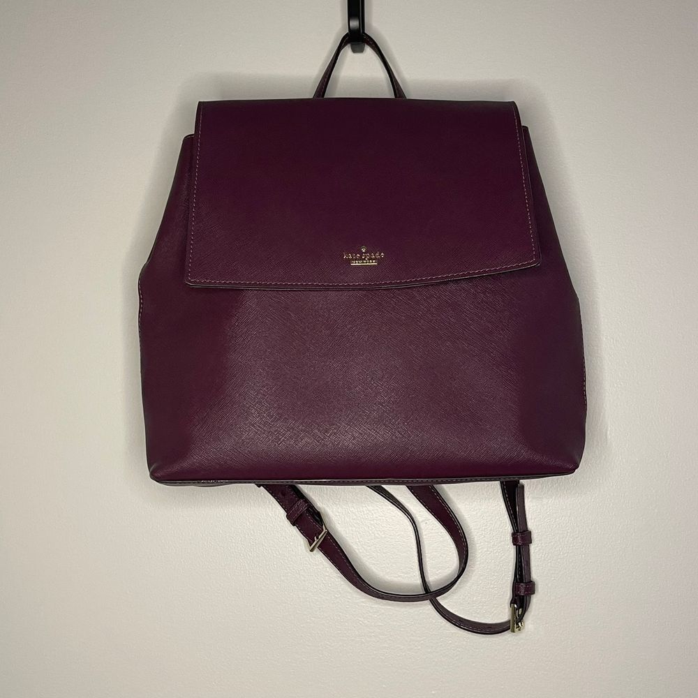 Kate Spade Authentic‎ Plum Modern Leather Backpack Black White Stripe Interior